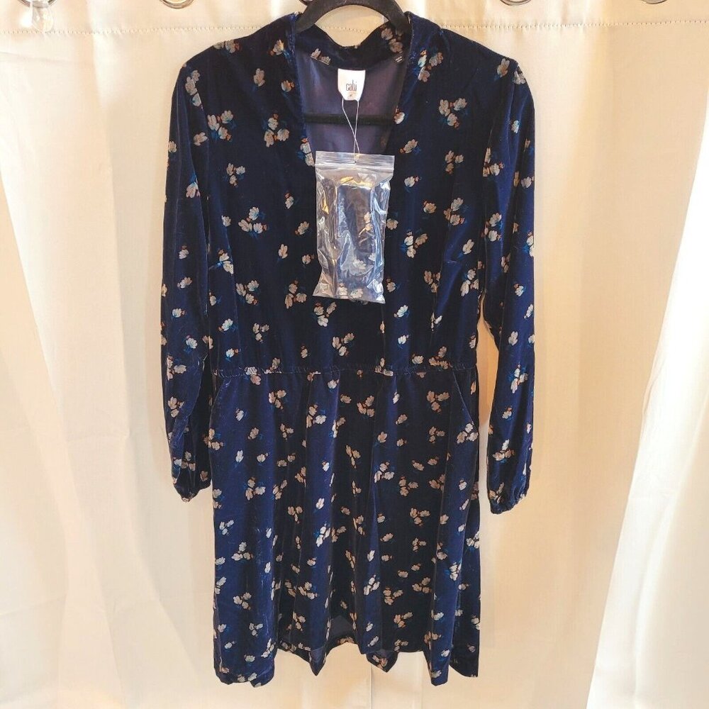 Cabi Whimsigoth Dress Medium Blue Floral Velvet Pockets Belt Fairy Moody 17331x